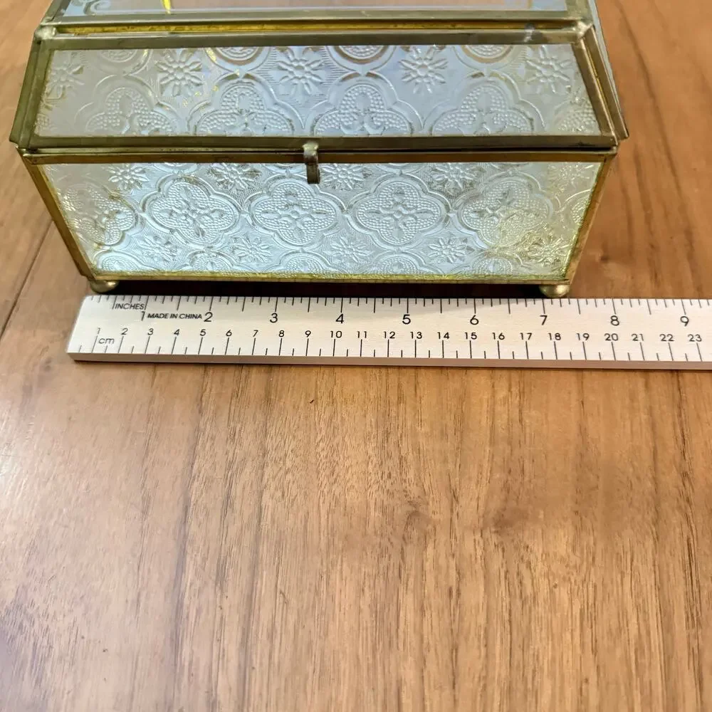 Vintage Brass Glass Box Mirror Floral Textured Side Footed Chain Latch 7 x 6 x 4